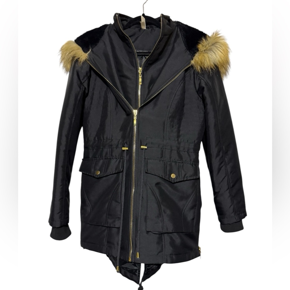 Stella Morgan Black Faux Fur Utility Parka Coat‎ Women’s Size Medium Cozy Snow